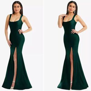 Cynthia & Sahar Stretch Satin Square Neck Mermaid Dress Evergreen XL